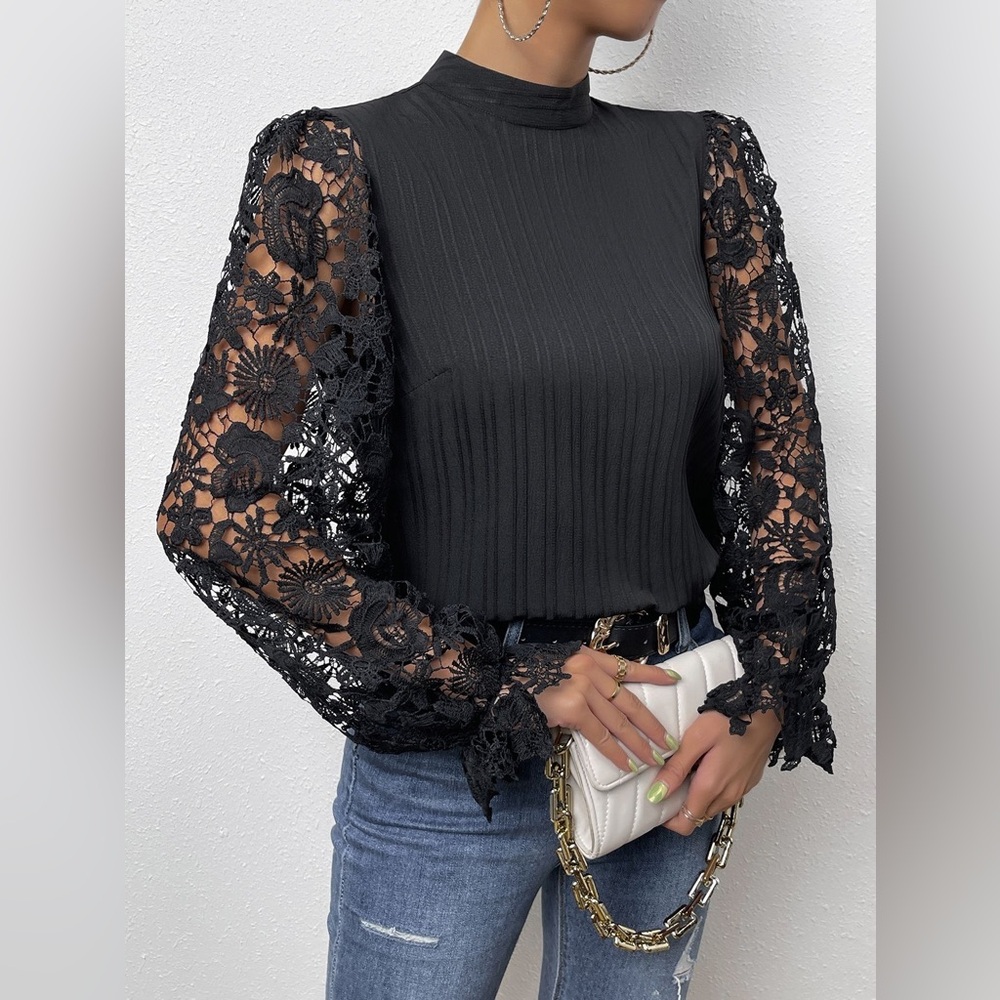 Alice Blue Size Large Elegant Black Lace Sheer Floral Long Sleeve‎ Boho Top